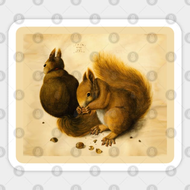 SQUIRRELS EATING NUTS, ANTIQUE ANIMAL DRAWINGS Sticker by BulganLumini